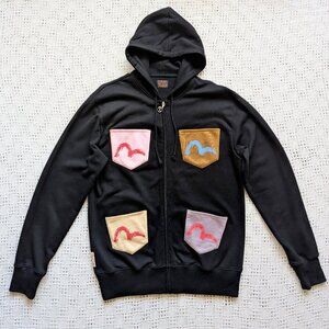 Vintage EVISU Ranch & Co Multi Pocket Zip-Up Hoodie Seagull Godhead Size Large